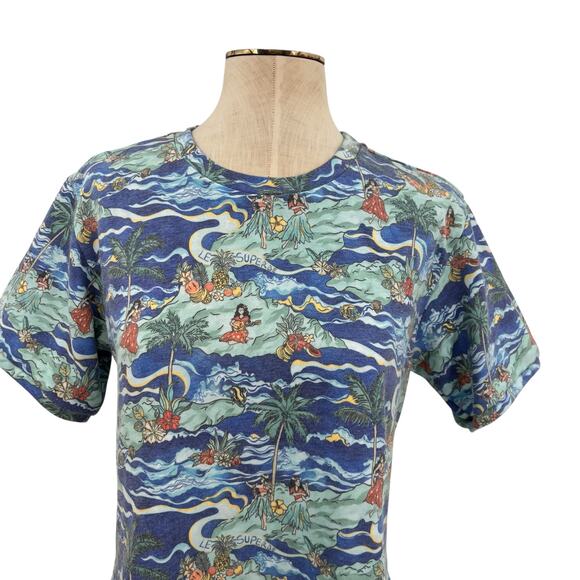 Le Superbe Fringed Tee Shirt Short Sleeve Hawaiian Print‎ Blue Size Small - Picture 4 of 10